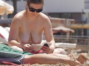 tettone, ragazze-giovani, serie, videocamera, spiaggia, scene-rubate, voyeur, bikini, topless