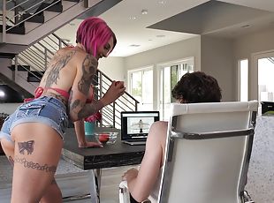 pornstar, couple, bureau, tatouage