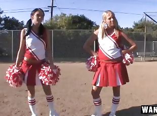 Two naughty cheerleaders in pigtails fuck the coach