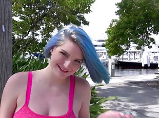 Amateur girl with green hair meets a guy then sucks and fucks him