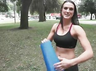 tetas-grandes, público, deporte, parque, flexible