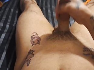 masturbation, amatör, cumshot, gigantisk-kuk, pov, ensam, verklighet, tatuering, kuk