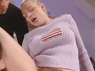 Horny blonde slut gets double penetrated in an office