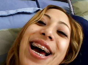 Kat shows her body and gives a great deepthroat blowjob