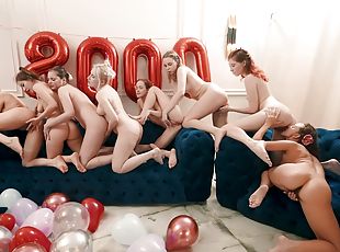 orgie, chatte-pussy, lesbienne, ados, sexe-de-groupe, rasé, face-sitting, jambes, petits-seins