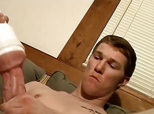 Fleshlight toy makes his hard cock feel good