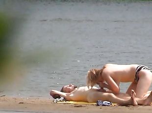 en-plein-air, fellation, cam, couple, plage, voyeur, blonde, naturel, chevauchement, bikini