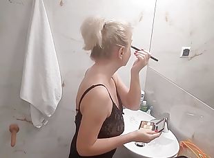 bañando, amateur, rubia, lencería, consolador, ducha