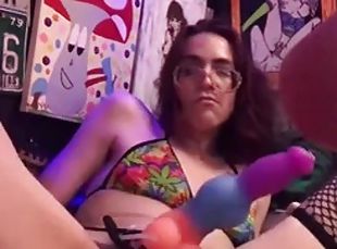 Solo fun with strapon and masturbation