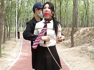 asiatique, en-plein-air, amateur, japonais, bdsm, bâillonnement, bondage, uniformes, domination, brunette