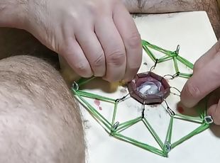 Fishhooks, wax, needles and cumshot - slowmotion