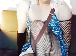 Heavenly beauty: Angel in a sexy short dress and fishnet stockings