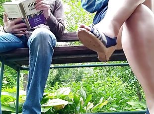 Curvy milf in pantyhose peeing next to me in the park, view from below