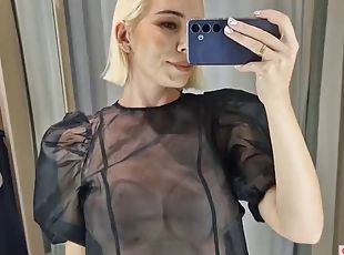 Try on Hauls see-through clothes, completely transparent. At the mall. See me in the fitting room