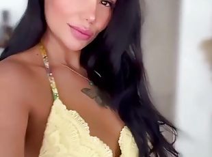 Tattooed wife with big tits wearing yellow lingerie having fun