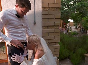 Big ass blonde bride fucks with another man right on her wedding day