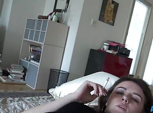 Naughty brunette spreads legs to be fucked hard in the morning