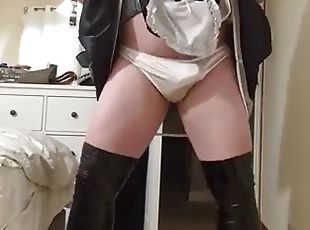 French maid outfit, thigh high boots and satin panties