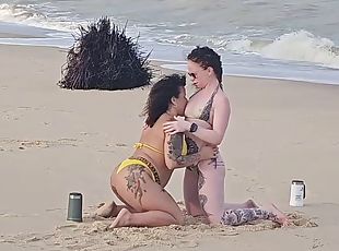 TWO LESBIAN CHICKS PLAYING ON THE BEACH GOT PICKED UP BY A TOURIST AND HAD THEIR ASSES FUCKED