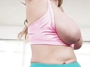 Busty blonde exercising and bathing