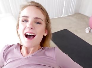 Tiny blonde babe Natalie Knight enjoys sucking and riding firm cock