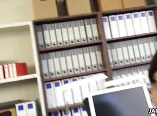 Japanese brunette office lady Yura Hitomi cock sucked and dildo playing in office uncensored