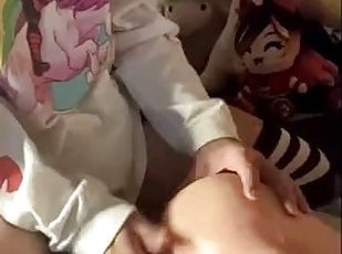 Femboy in thigh highs and shorts fucks hip sex toy