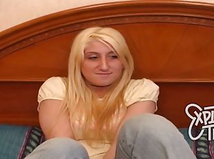 Blonde teen with big natural tits sucks cock