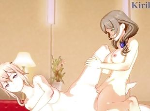 cuatro-patas, mamada, lesbiana, dormitorio, anime, hentai, 3d, cowgirl