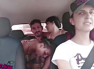 tettone, allaperto, latini, sesso-di-gruppo, auto, doppie, brunette, penetrazione