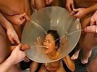 Nasty Asian Gets Fucked Hard and Pissed all Over Her Face By Several Dudes