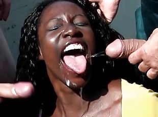 Piss Ebony slut enjoys two dicks