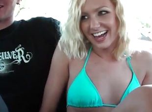 Blonde cutie strips and sucking horny cock for money