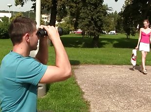 Bird watching turns into pussy pounding in the woods