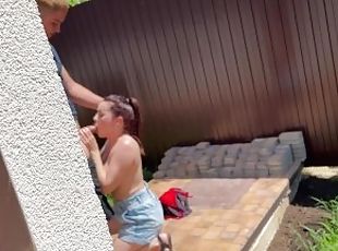 Caught in front of a security camera. Busty girl sucks boyfriend in my backyard!