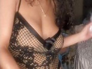 gros-nichons, énorme, gode-ceinture, amateur, milf, jouet, maîtresse, brunette