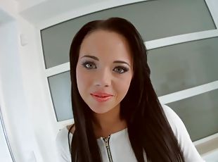 junge, tief-in-die-kehle, creampie, gesichtspunkt, brunette