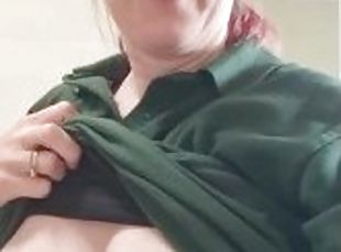 Mom in her work uniform teasing customers not wearing a bra