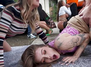 Three insatiable bitches getting fucked in public