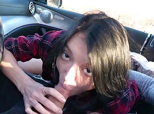 Madison Quinn sucking her horny boyfriend's dick in the car