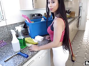 asiático, criada, amador, pov, cozinha, provocando