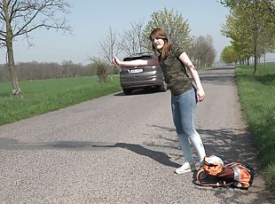 en-plein-air, public, ados, voiture, blonde, jeans, réalité