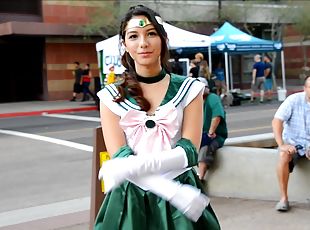 Beautiful girl Melody wears a costume while she walks outdoors