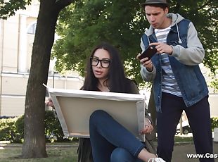 gafas, pareja, vaqueros, morena