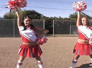 adolescente, a-três, excitante, cheerleaders, uniforme