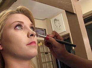 Sexy blonde slut backstage getting her makeup done