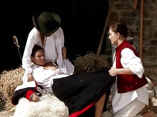 Three girls fuck each other in XVII century dresses