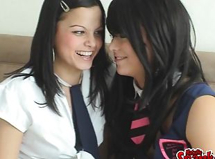 Breathtaking brunette teen lesbian fingering her shaved pussy immensely