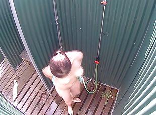 Brunette MILF Showering in Public Pool