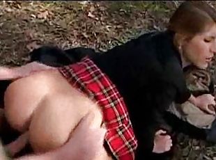 Schoolgirl sucks cock and fucks in the leaves